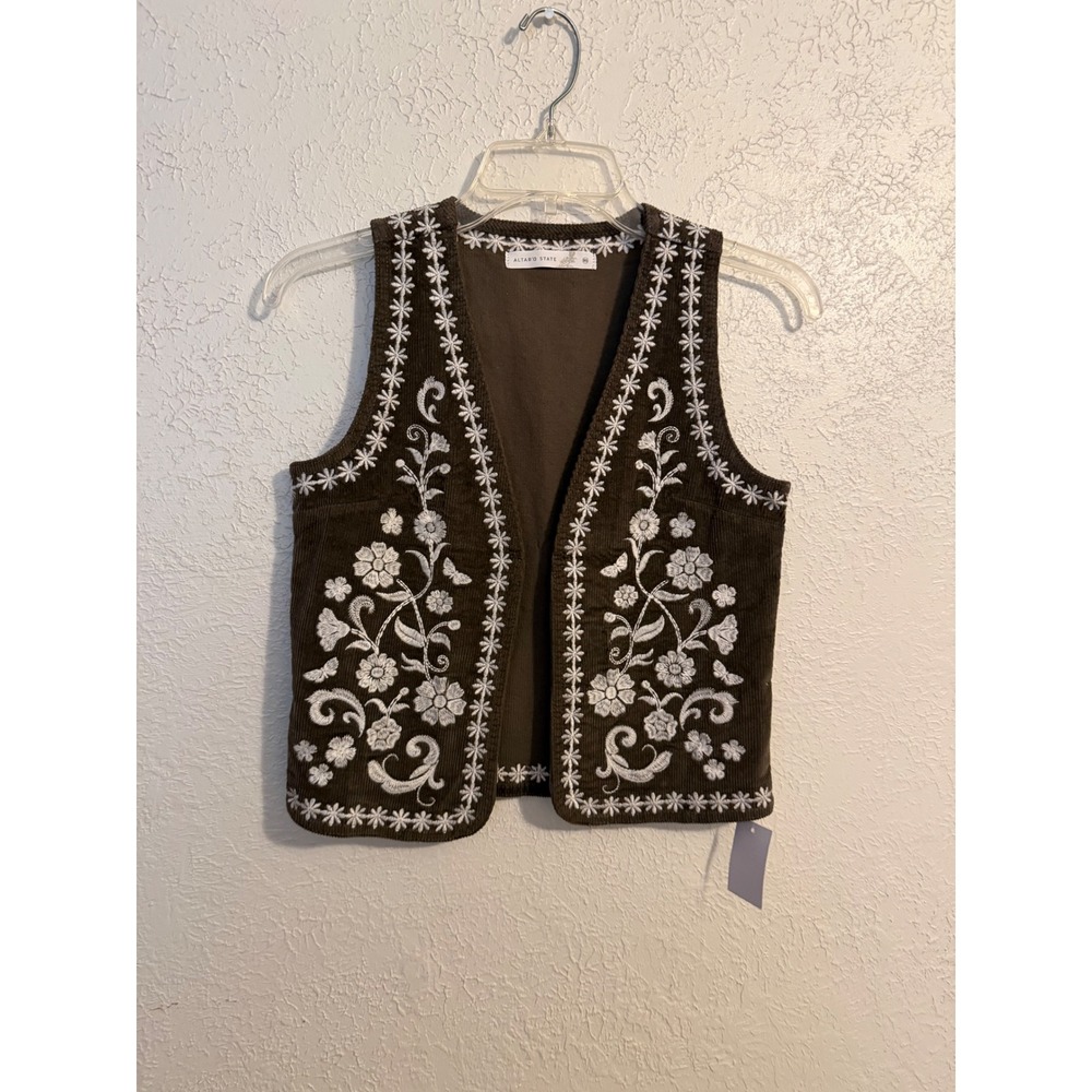 Altar'd State Olive Green Corduroy Floral Embroidered Vest XS NEW Boho Cottage